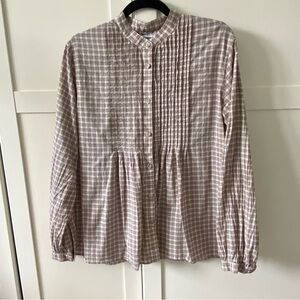 Uniqlo 100% Cotton Classic Beige Plaid Button-Up Shirt with Mauve & Navy Stripes